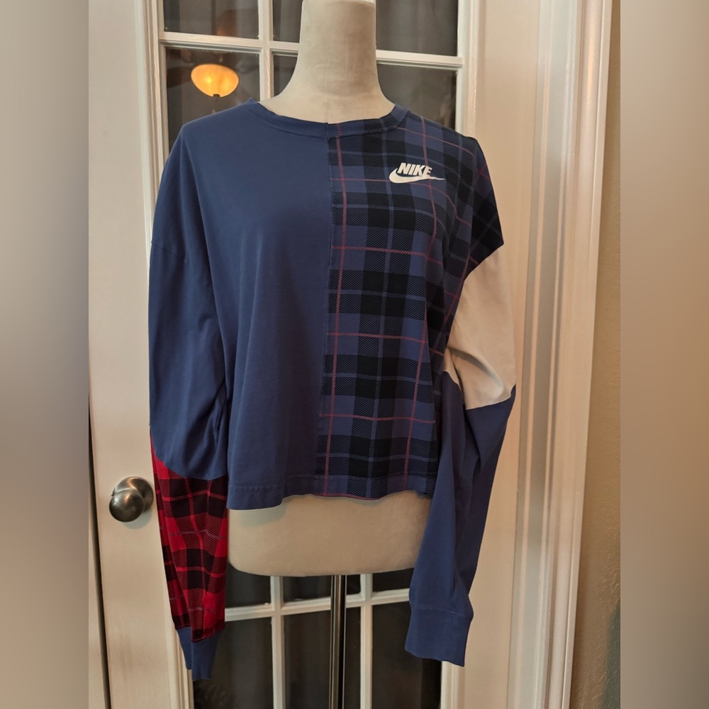 Nike Patchwork Plaid Organic Cotton Long Sleeve Shirt Blue Red M